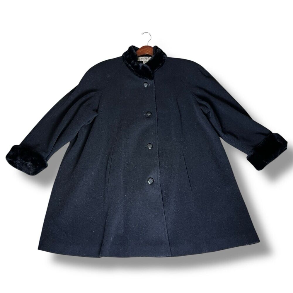 Kathryn Deene Vintage Wool USA Made Black Coat Faux Fur Trim Women’s Size 18/20